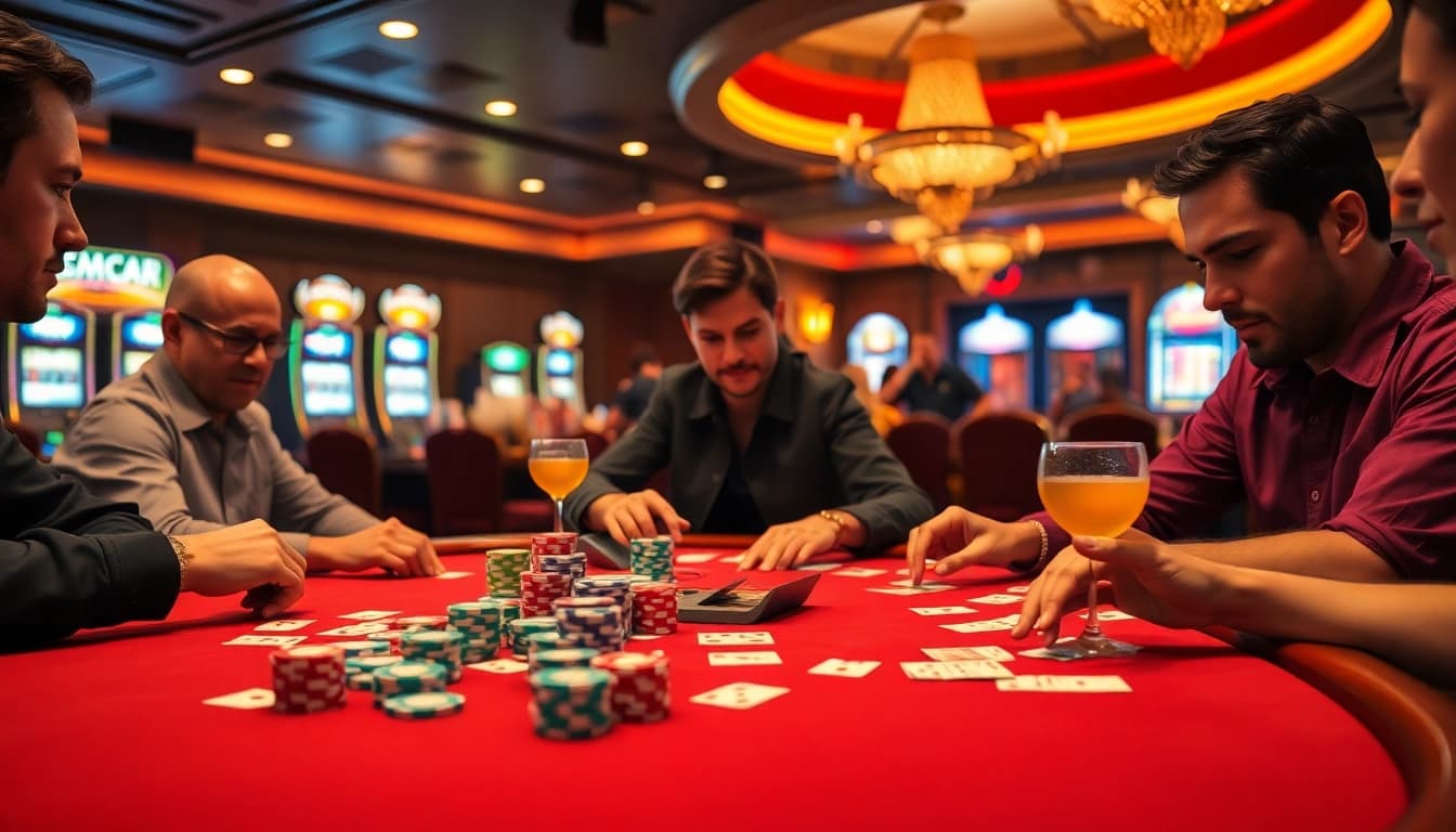 Main poker scene at a vibrant casino with bbni4d chips and players engaged.