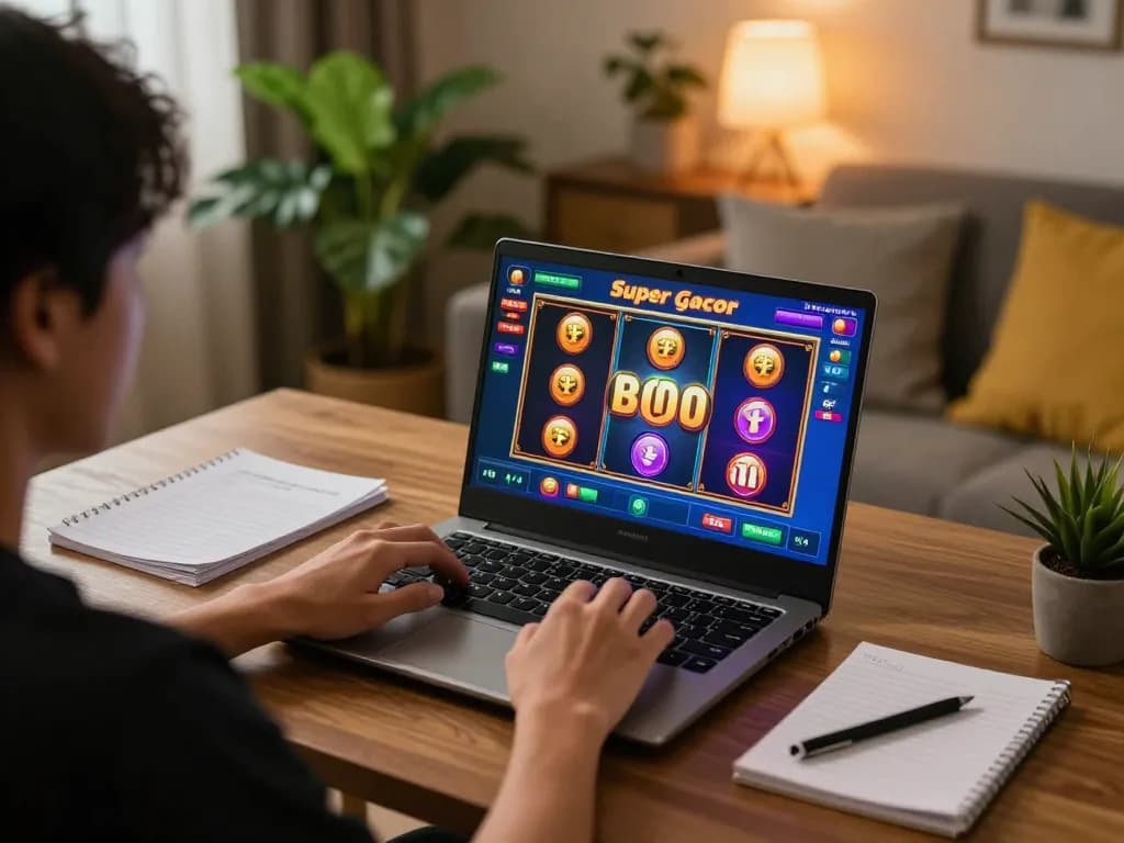 Sesi permainan yang menarik di slot server thailand super gacor ditampilkan di layar laptop di rumah yang nyaman