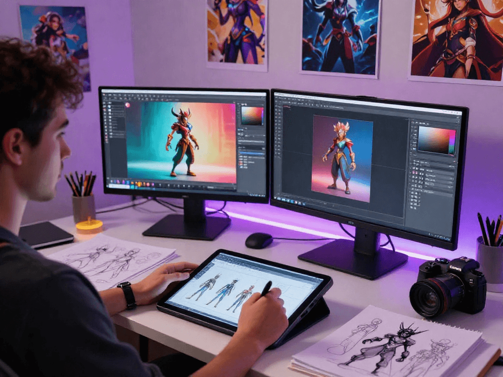 Creating character AI NSFW art in a vibrant digital workspace.
