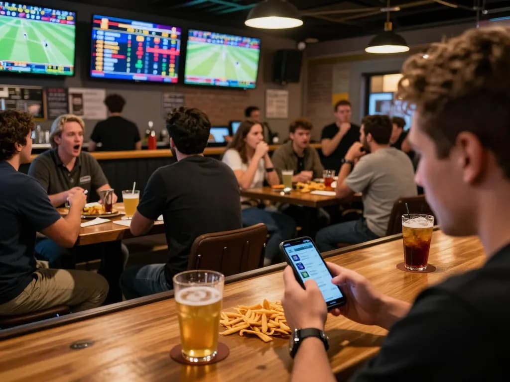 Engaged patrons strategizing sports bets at da88vip in a lively bar atmosphere