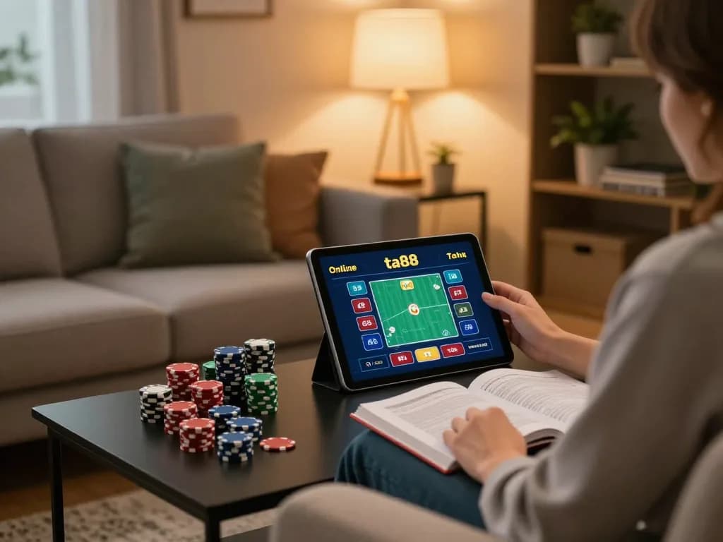 Person playing online casino games at home using ta88 tablet in a cozy living space