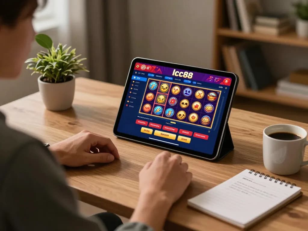 Engaging player using lclc88 tablet for strategic online gambling in a cozy home.