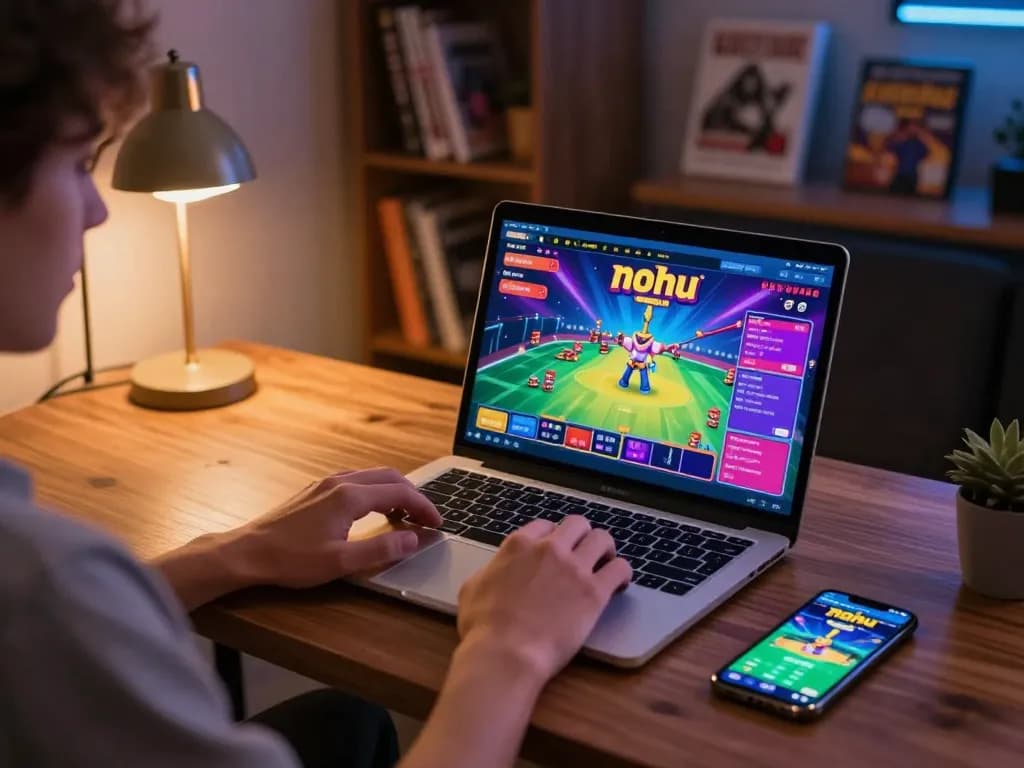 Engaging with the nohu online gaming platform on a laptop, featuring colorful game interface and responsible gaming atmosphere.