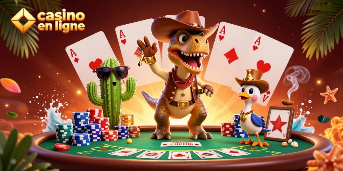 Jouer dans un casino en ligne avec des dinosaures, des jetons de poker et une ambiance festive.