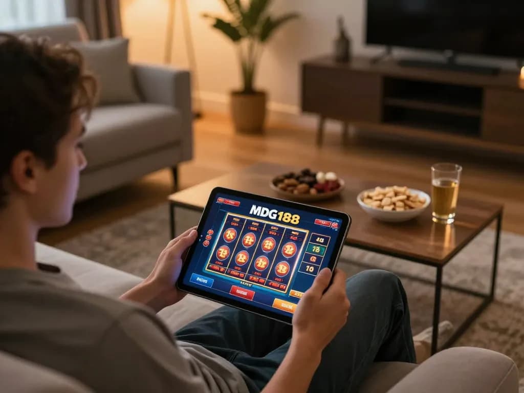 Enjoying online gaming on MDG188 with a tablet in a cozy living room setting.