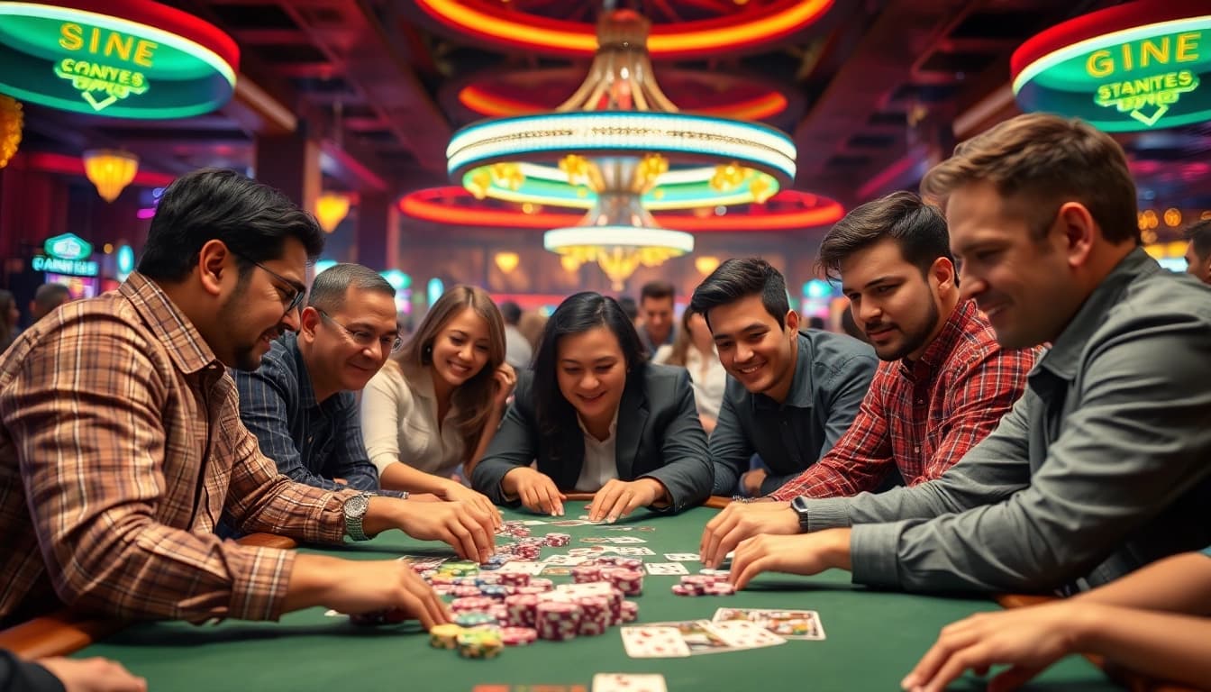 Menggambarkan momen mendebarkan pada permainan, ondel4d menonjolkan poker di kasino yang ramai.