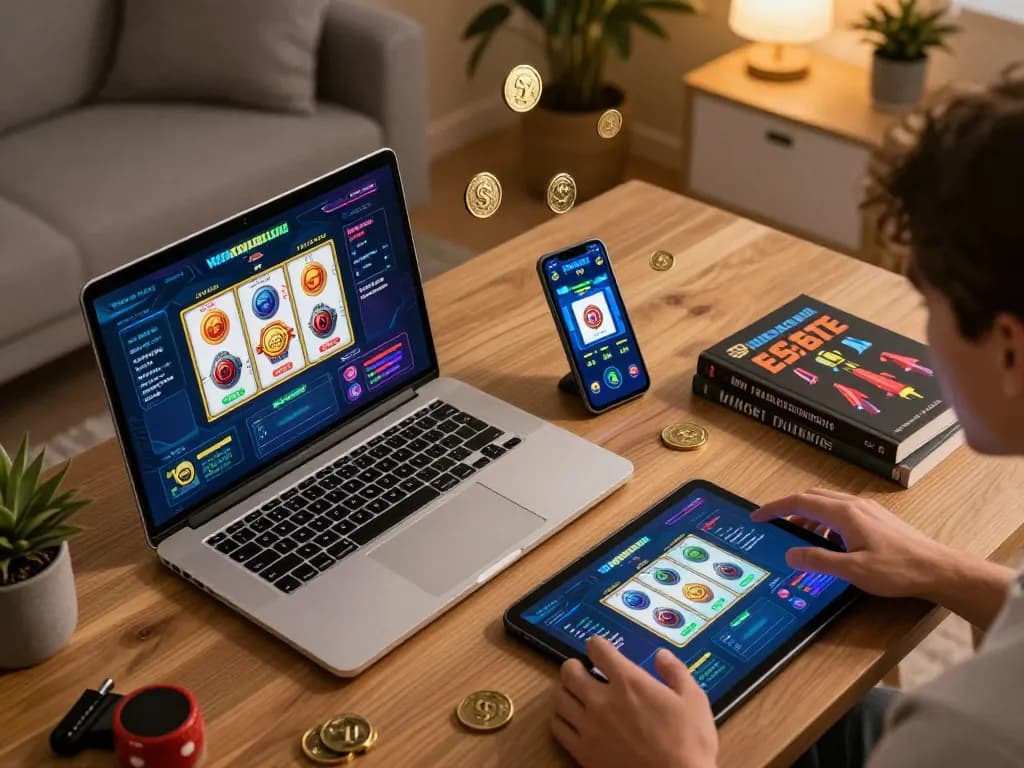 Cảnh chơi game tại nhà hấp dẫn giới thiệu các tùy chọn slot luckywin trên máy tính bảng, khuyến khích đánh bạc có trách nhiệm.