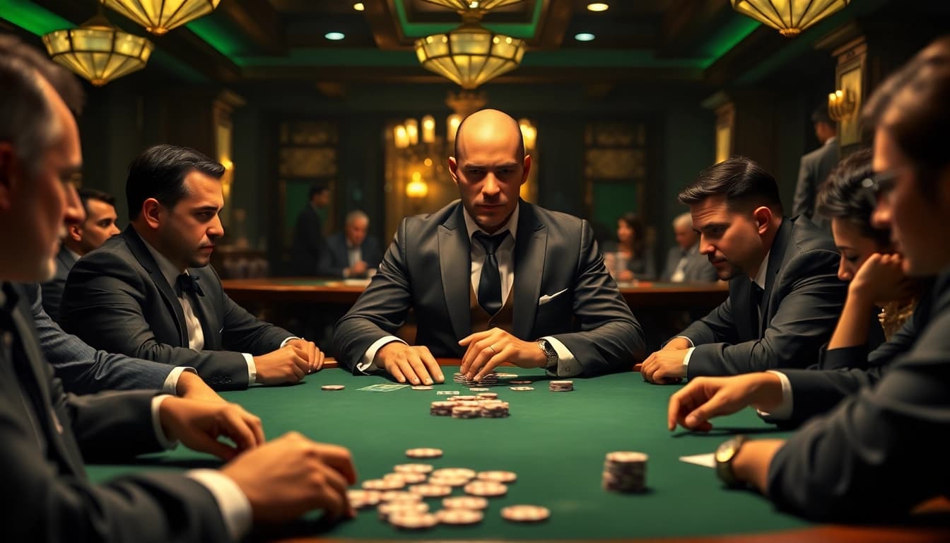 Bermain poker yang menegangkan dengan bbtn4d di meja kasino, dealer profesional dan pemain fokus.