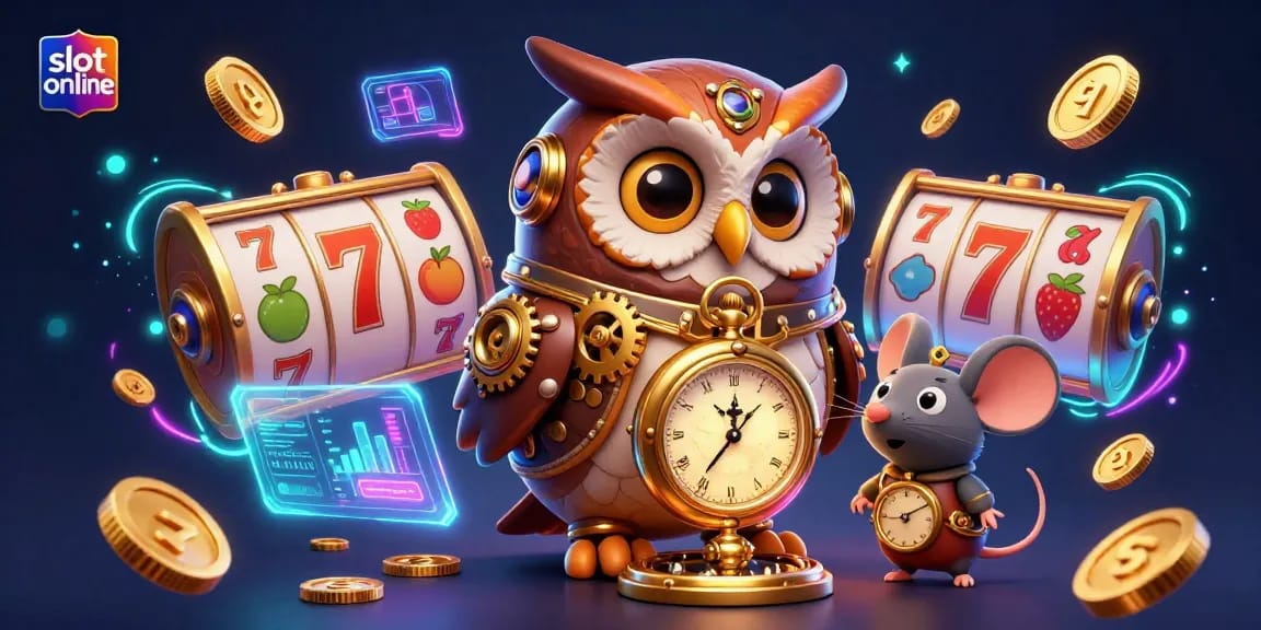 Spin the reels for jackpots in this vibrant slot online illustration with a steampunk owl and casino elements.