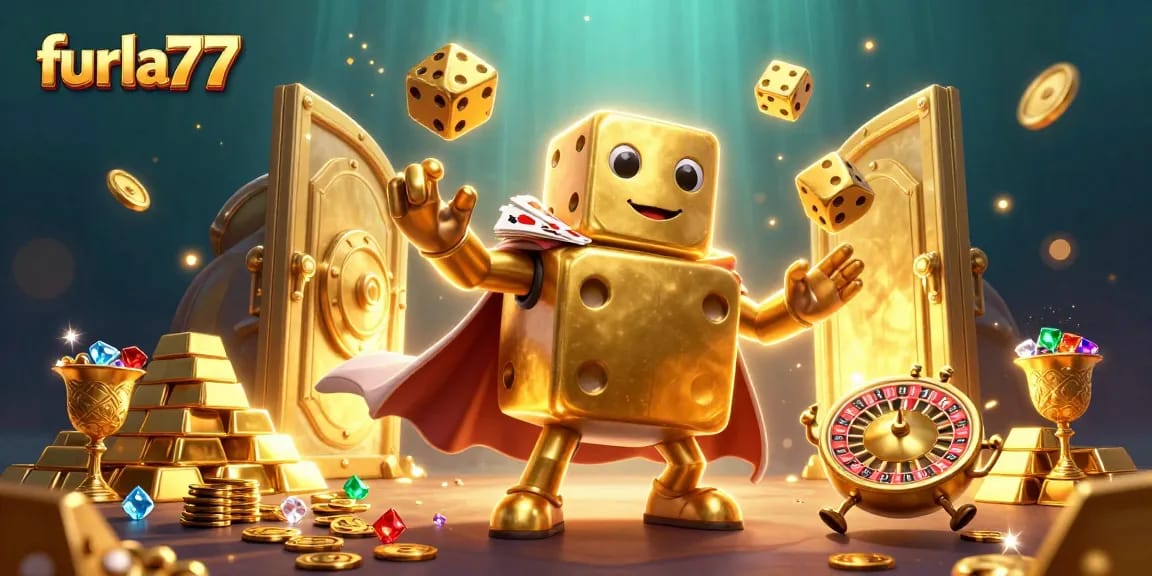 Experience thrilling gameplay at furla77 with vibrant golden dice and sparkling treasures in an exciting casino-themed scene.
