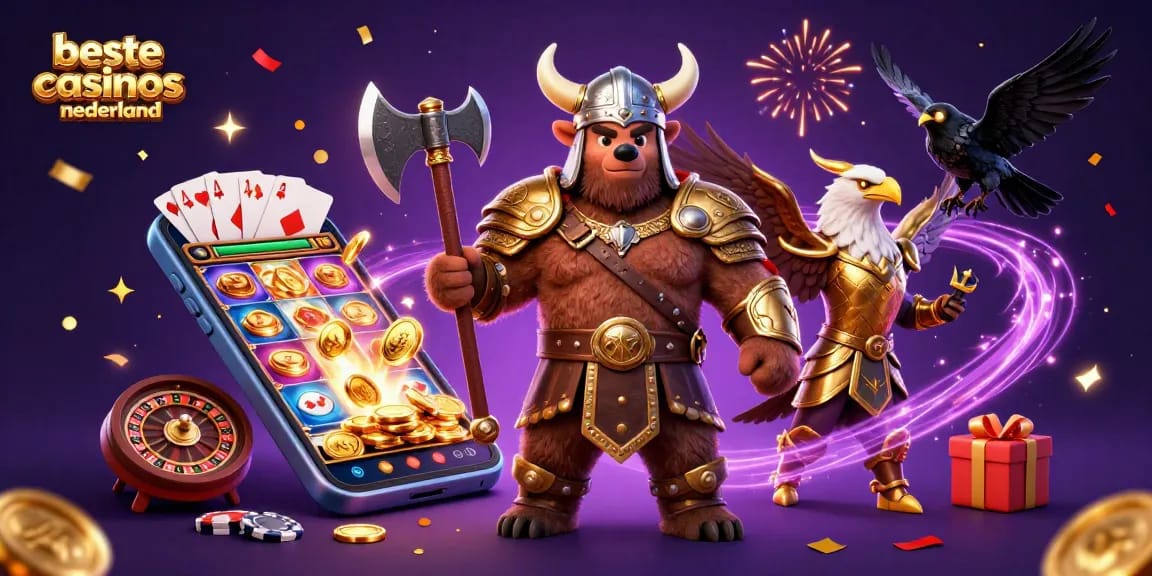 Experience the excitement of beste online casinos nederland with a dynamic 3D illustration featuring a Viking bear, Valkyrie eagle, and casino elements.