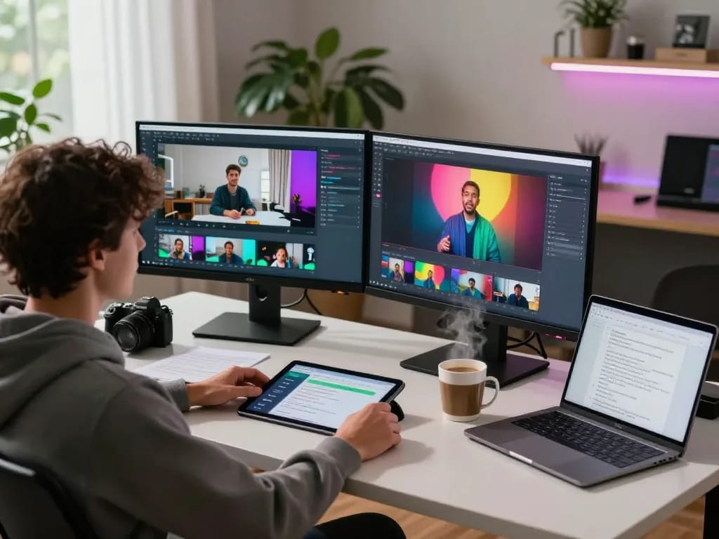 Analyzing video to prompt in a creative workspace with AI tools and dual monitors.