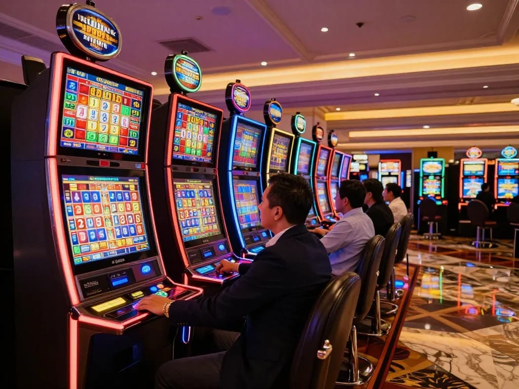 Exciting king slot gameplay moment with players celebrating wins at vibrant slot machines surrounded by neon lights.