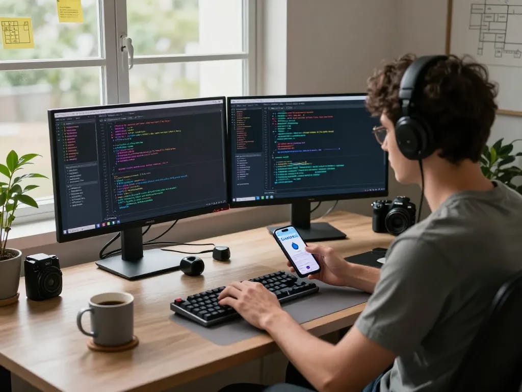 Clawdbot AI in action at a high-tech home office, showcasing coding, smart device integration, and productivity tools.