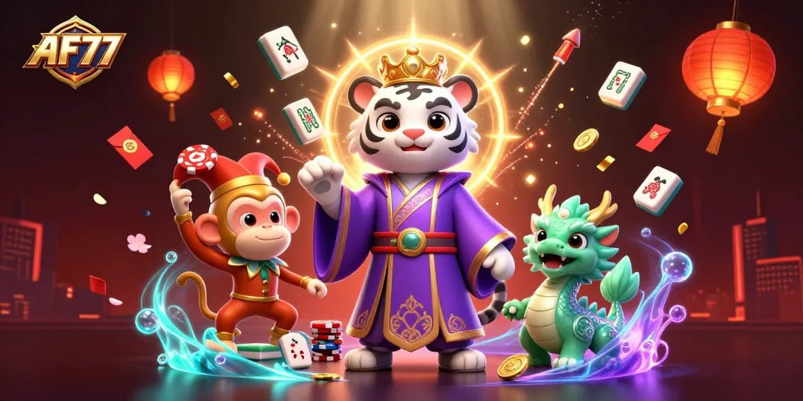 Experience winning at AF77 with dynamic gameplay featuring a white tiger, poker chips, and vibrant decorations.