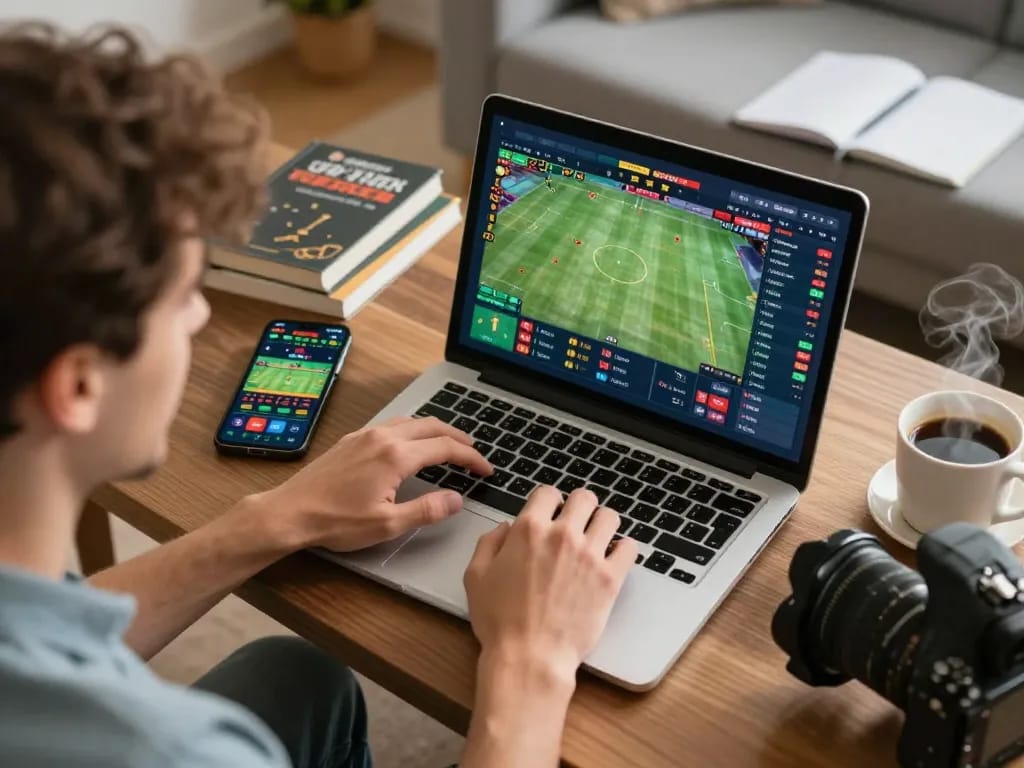 Person engaging in online sports betting on uu88 net app, surrounded by cozy home setup.