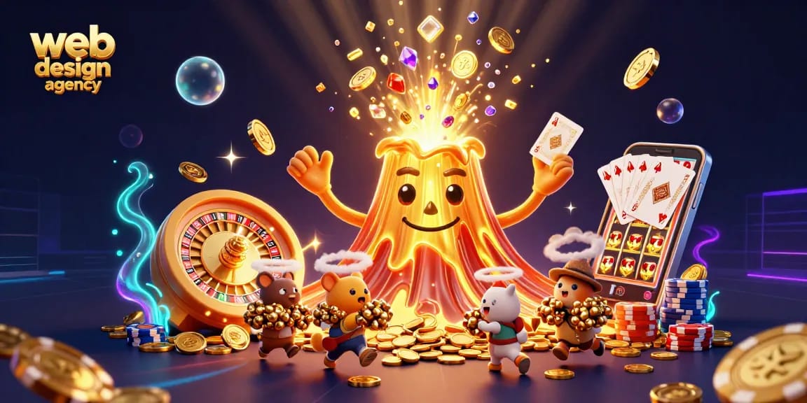 3D cartoon illustration of a web design agency showcasing a triumphant volcano erupting coins and gems.