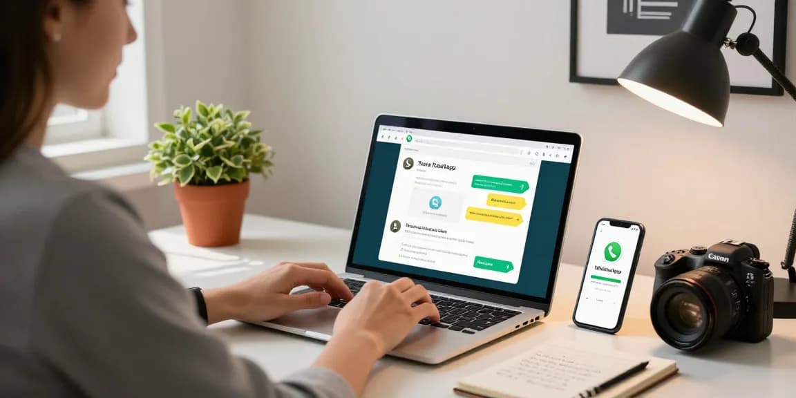 Desktop setup showing a user interacting with WhatsApp網頁版 on laptop, showcasing modern communication.