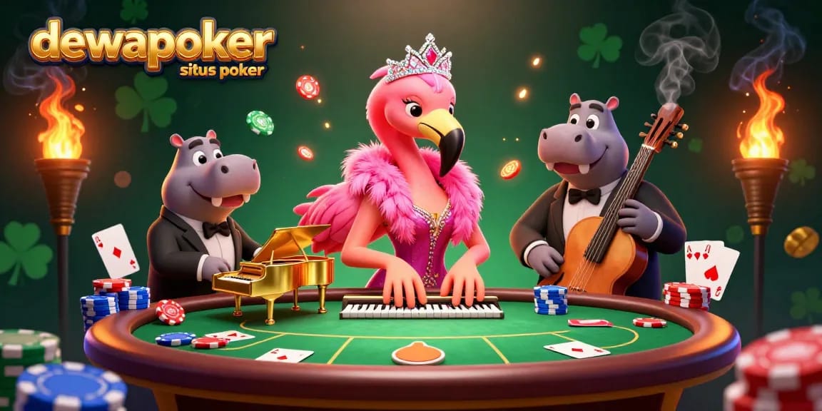 Join the excitement at dewapoker situs poker with a lively poker scene featuring vibrant characters and game elements.