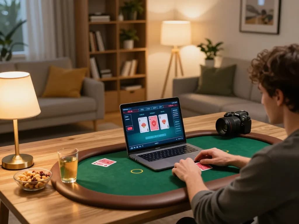 Player engaging in online poker at home using LC99 platform with cozy lighting and snacks.