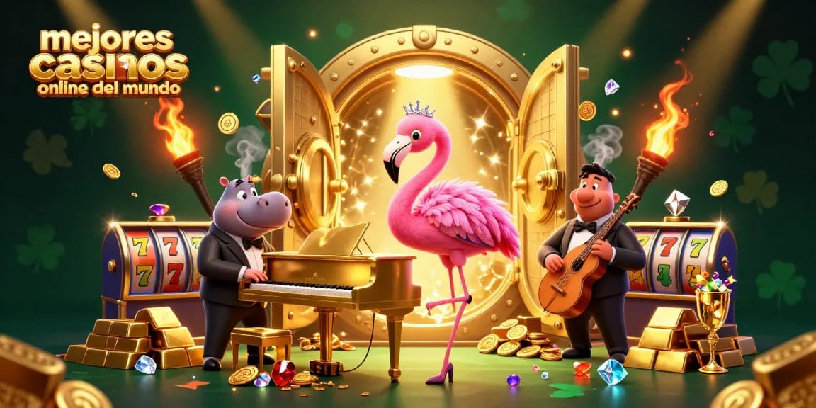 Ilustración 3D de los mejores casinos online del mundo, con elementos de juego dinámicos y un ambiente vibrante.
