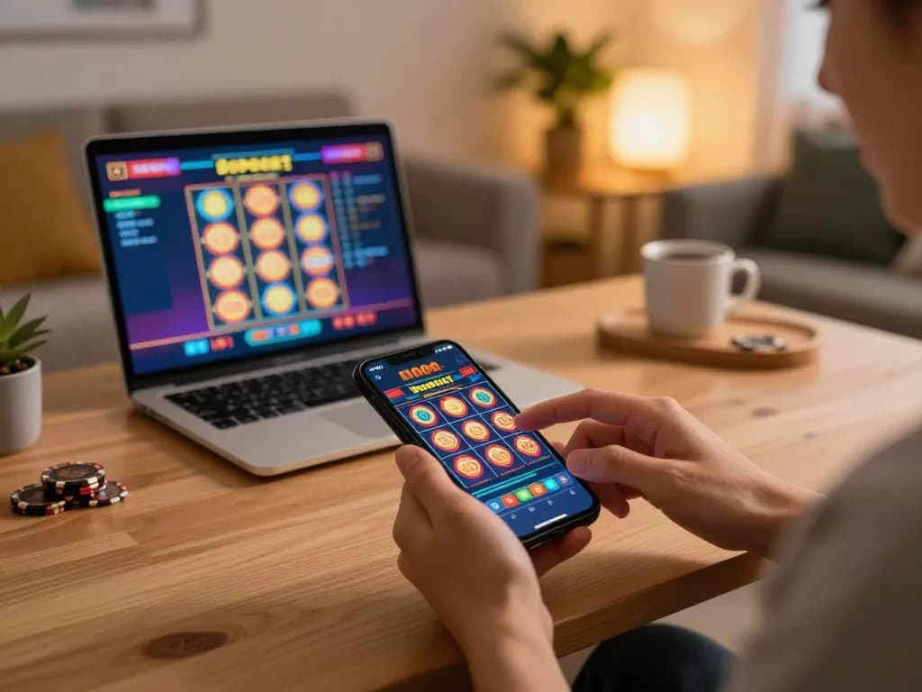 Engaging in mobile gaming with slot deposit 1000 options at a cozy home setting.