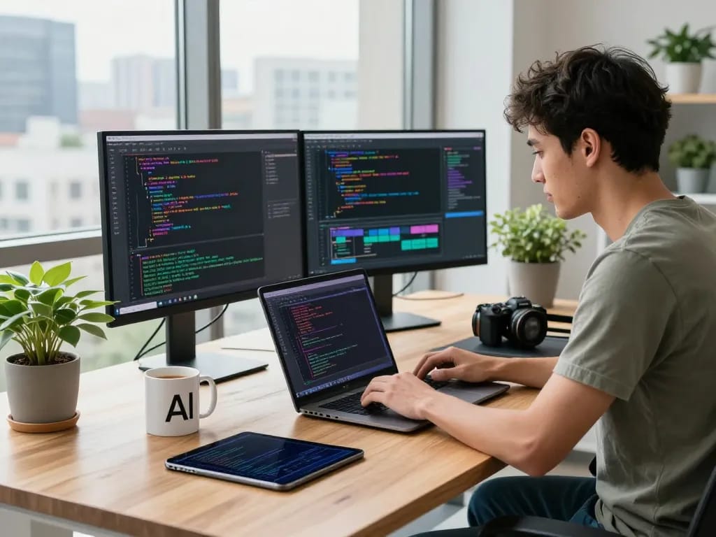 Software engineer coding on AI projects in a modern workspace with openclawd technology.