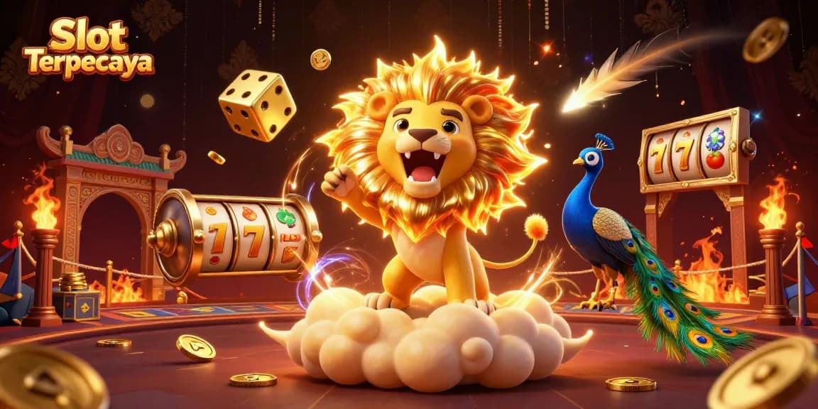 Experience the thrill of Slot Terpercaya with a majestic lion and golden dice in a dynamic 3D scene.