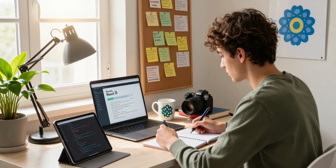 Learn React JS from scratch in a cozy home office setting with a focused learner using a laptop and taking notes.