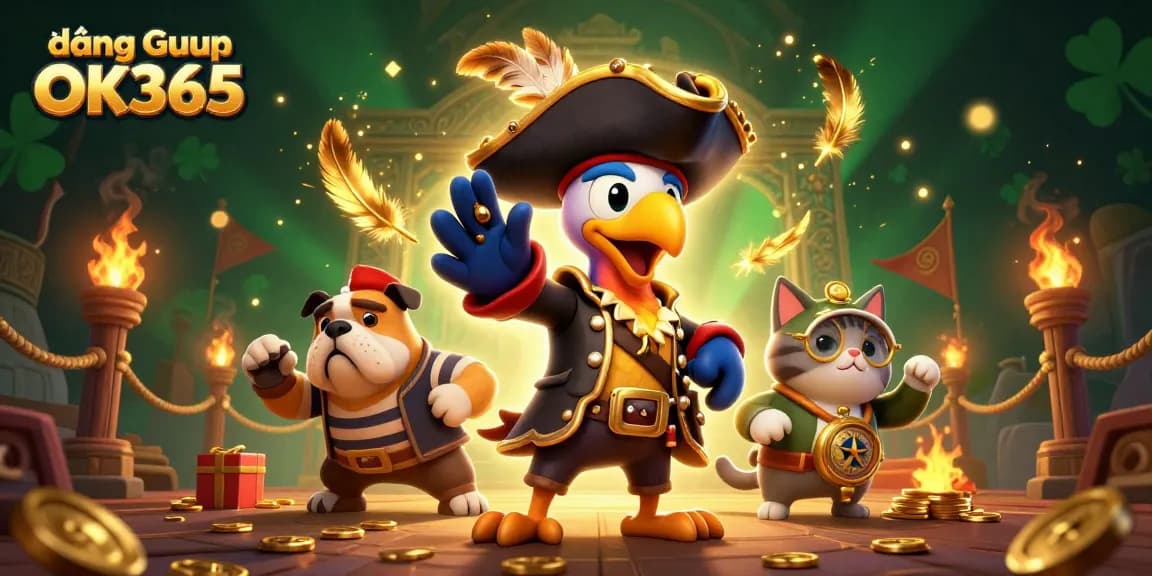Win at đăng nhập OK365 with a vibrant 3D scene of pirate characters and dynamic casino elements.