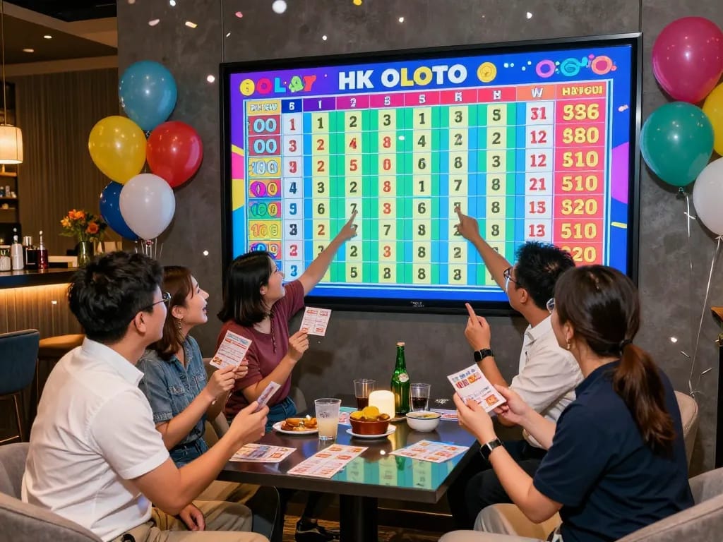 Players celebrating and engaging with HK Lotto results in a cozy lounge environment, capturing excitement and community around lottery draws.