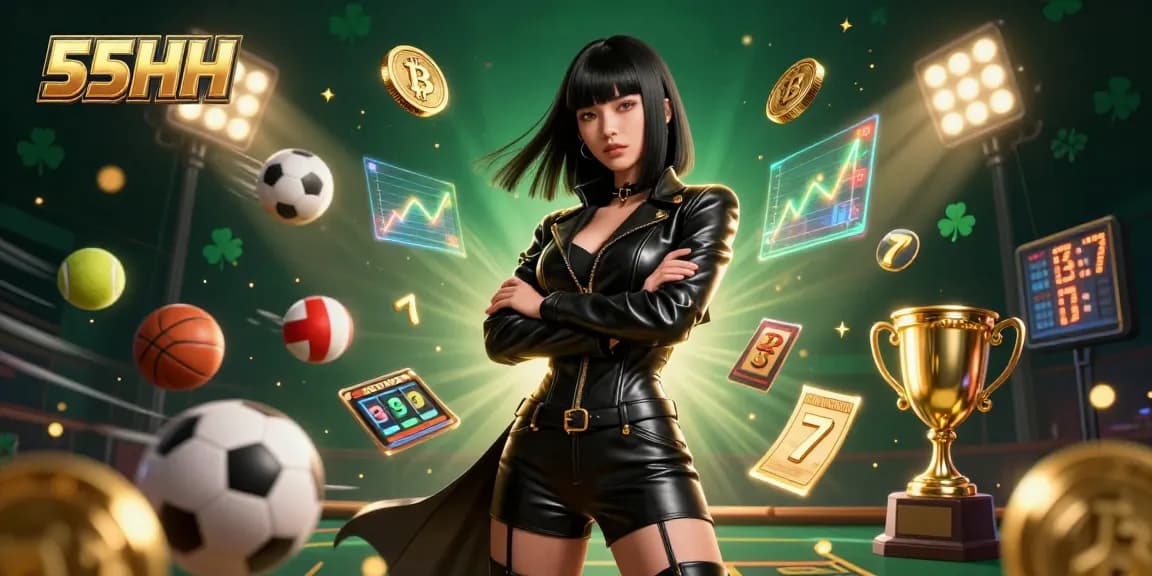 Engage with 55HH casino gaming featuring dynamic visuals of slots and sports betting.