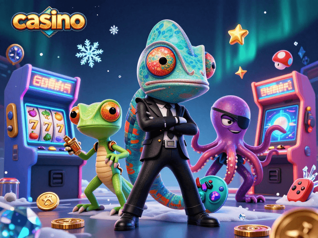 Engage in casino fun with a dynamic scene featuring a chameleon agent, tech-savvy gecko, and a villainous octopus.