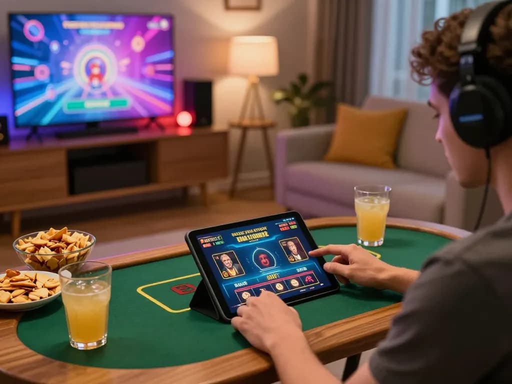 Engaging in online gambling at home using sites not on gamstop on tablet, cozy atmosphere with snacks
