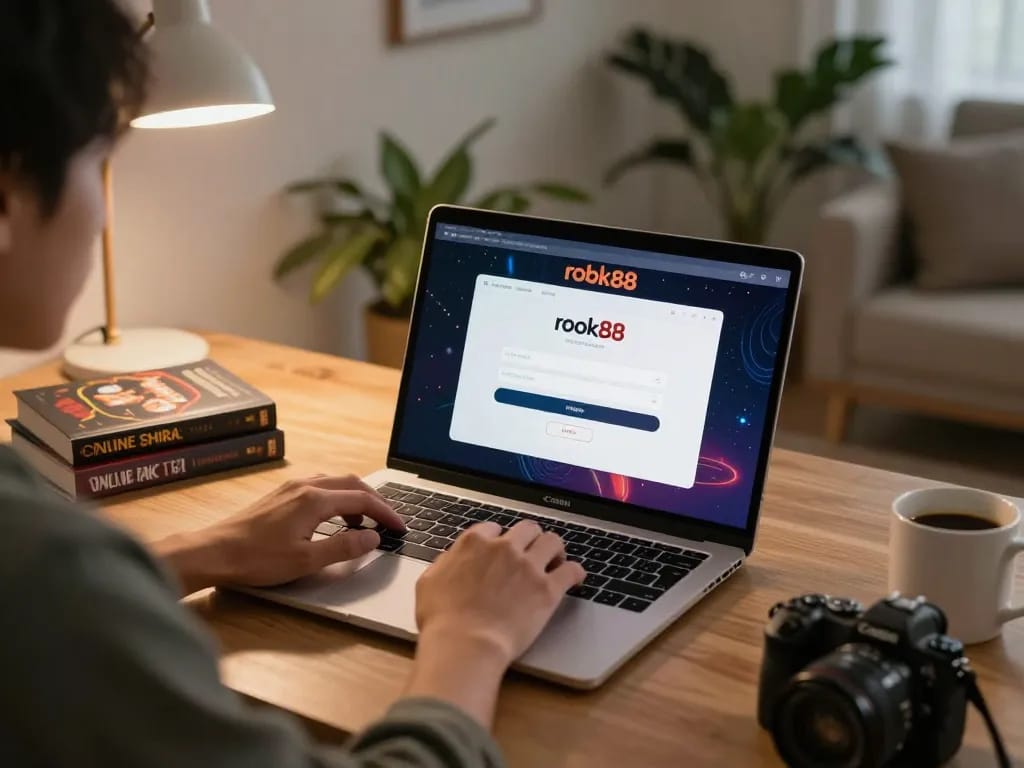 Engaging in online play with rokok88 link login on a sleek laptop in a cozy home setting.
