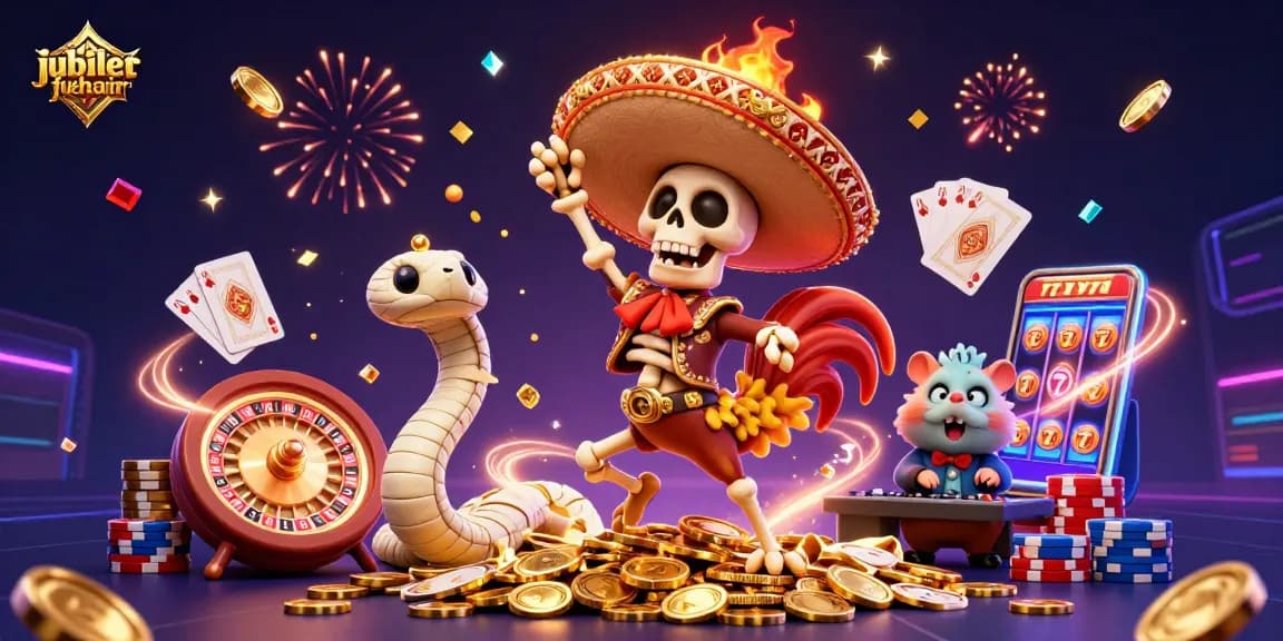 Engage with jubileefuehair where vibrant 3D characters celebrate casinos amidst cascading coins and symbols.