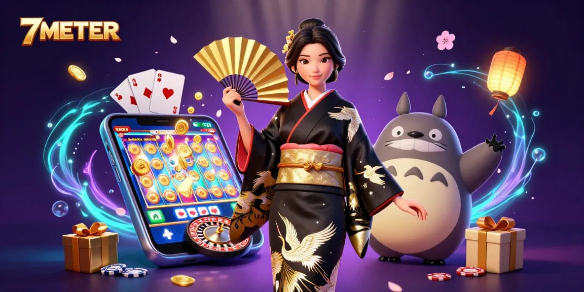 Experience thrilling gameplay with 7METER as a vibrant illustration showcases casino excitement.