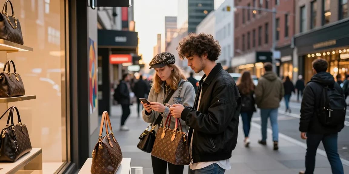 Shoppers exploring high-quality 레플리카 handbags in an urban boutique setting.