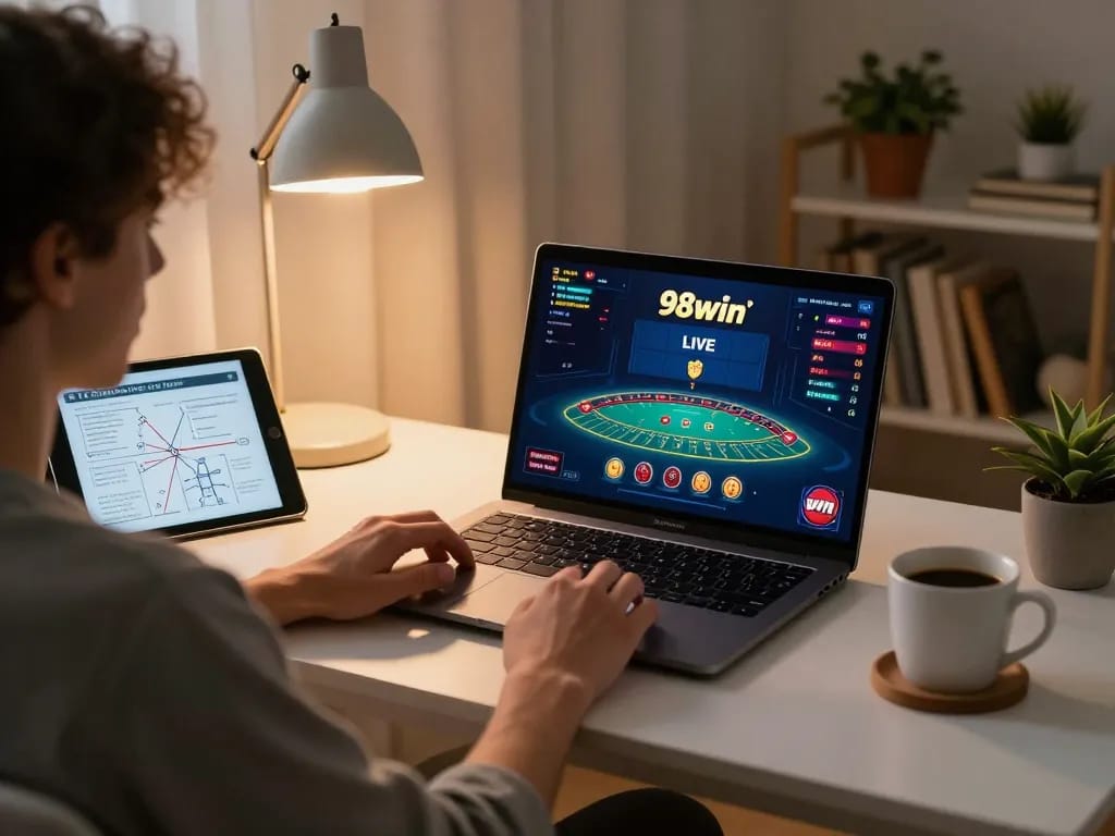 Join the fun at 98win with live baccarat gameplay on a laptop in a cozy home setting.