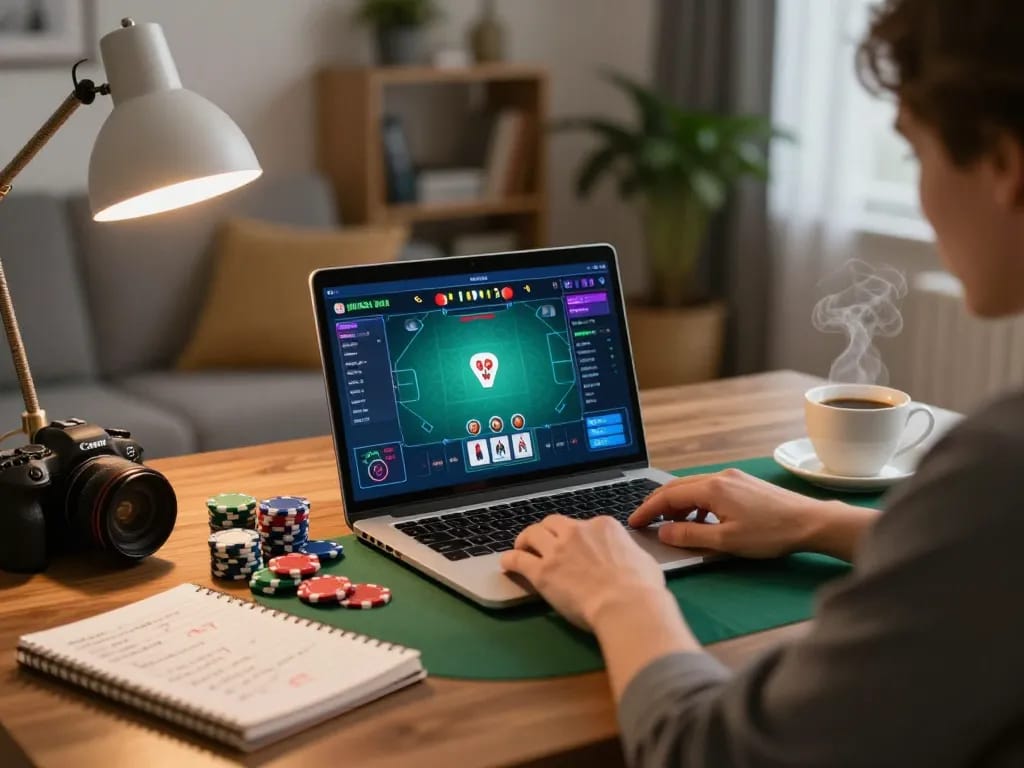 LUCK8 player engages in strategic online poker at home with a cozy setup and detailed interface.