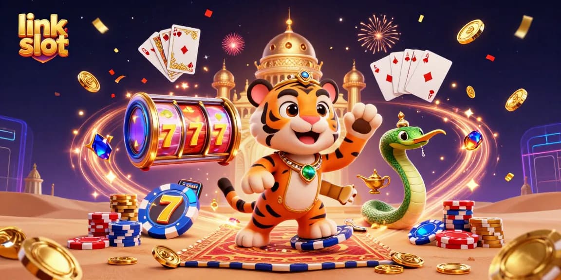 Experience the excitement of link slot games with a vibrant casino-themed illustration featuring iconic elements.