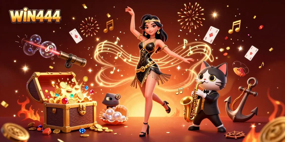 Experience the thrill of gaming with WIN444's vibrant casino scene featuring engaging characters and dynamic elements.