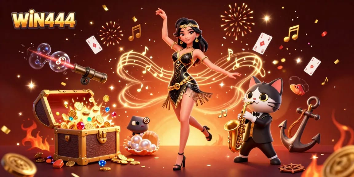 Experience the thrill of gaming with WIN444's vibrant casino scene featuring engaging characters and dynamic elements.