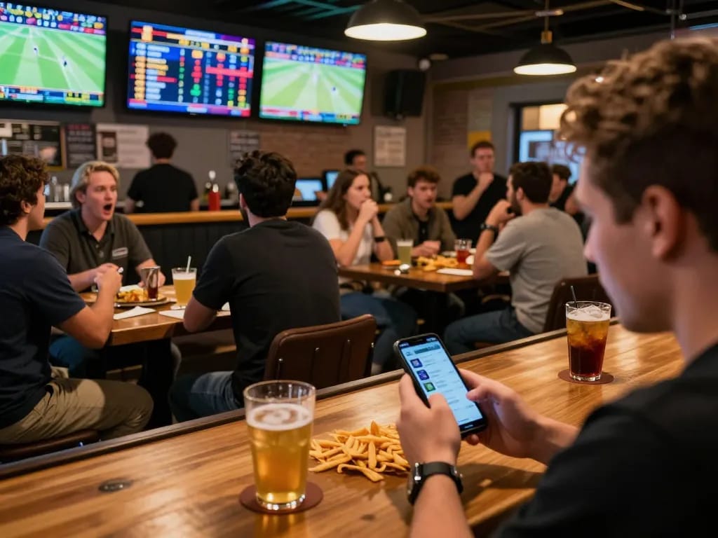 Engaged patrons strategizing sports bets at da88vip in a lively bar atmosphere