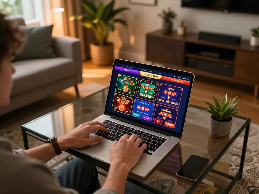 Engaging in online gambling at GOOD88 with vibrant game display and cozy home setting.