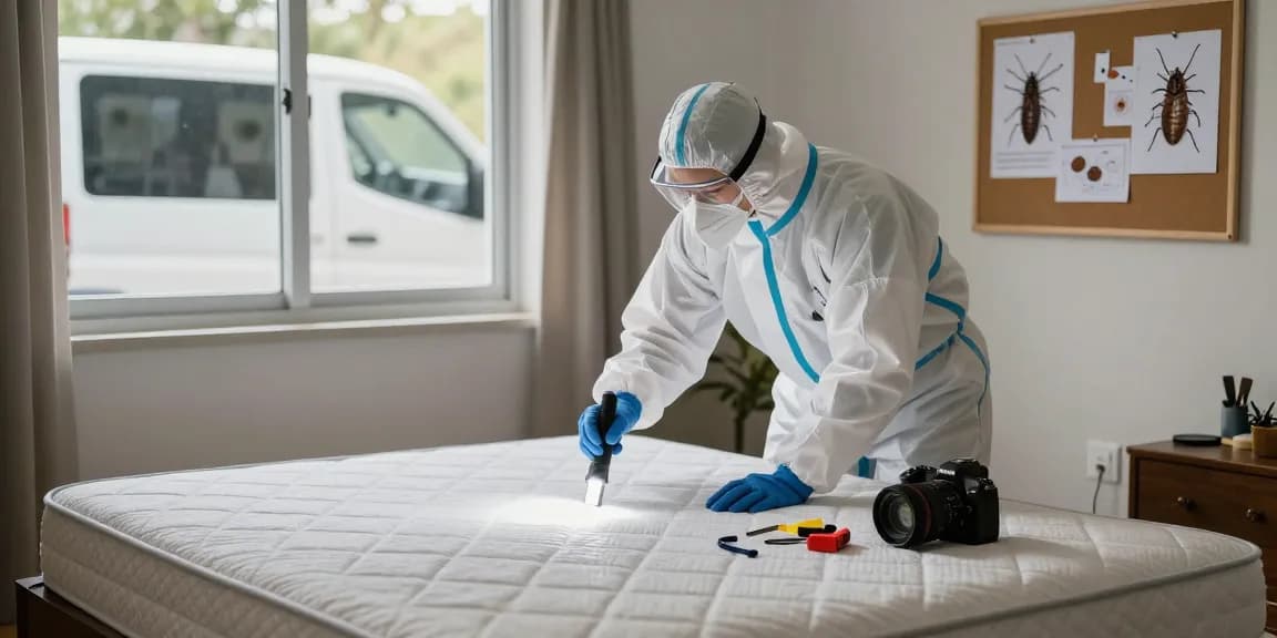 Bed bug control inspection by an exterminator in a cozy bedroom, ensuring discreet and effective treatment.