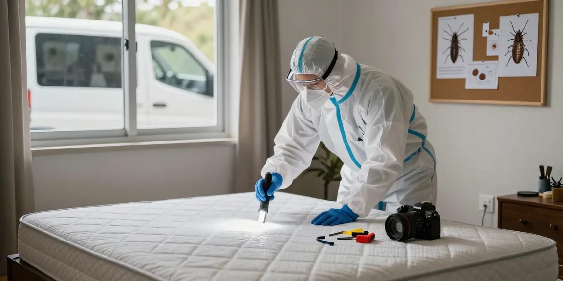 Bed bug control inspection by an exterminator in a cozy bedroom, ensuring discreet and effective treatment.