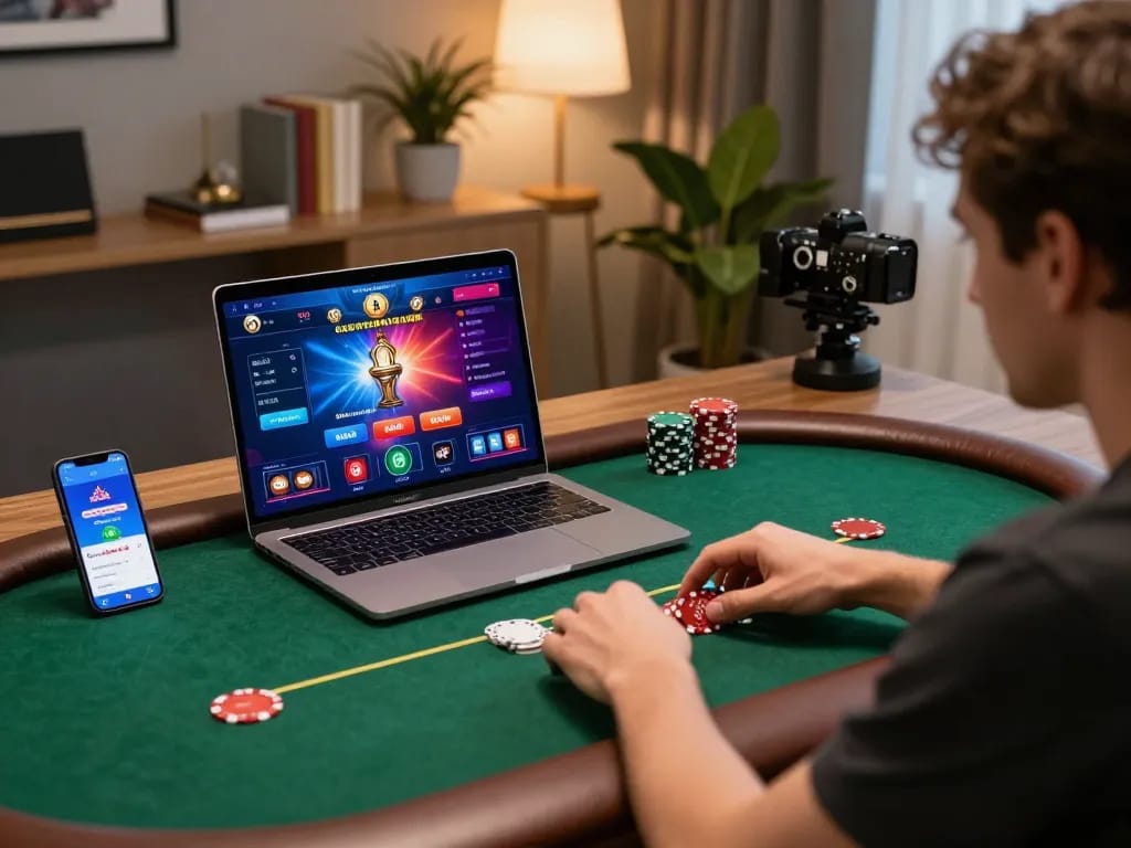Player enjoying an intense poker game on xo88 app while using a laptop in stylish home office