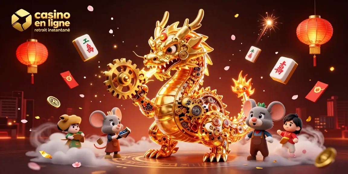Jouez sur un casino en ligne retrait instantané avec des dragons dorés et des éléments de jeu enflammés.