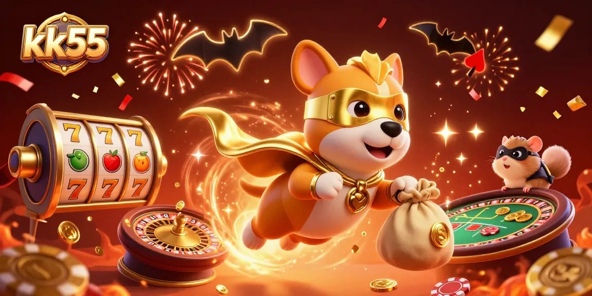 Enjoy thrilling games at kk55 with a superhero dog and hamster celebrating big winnings!